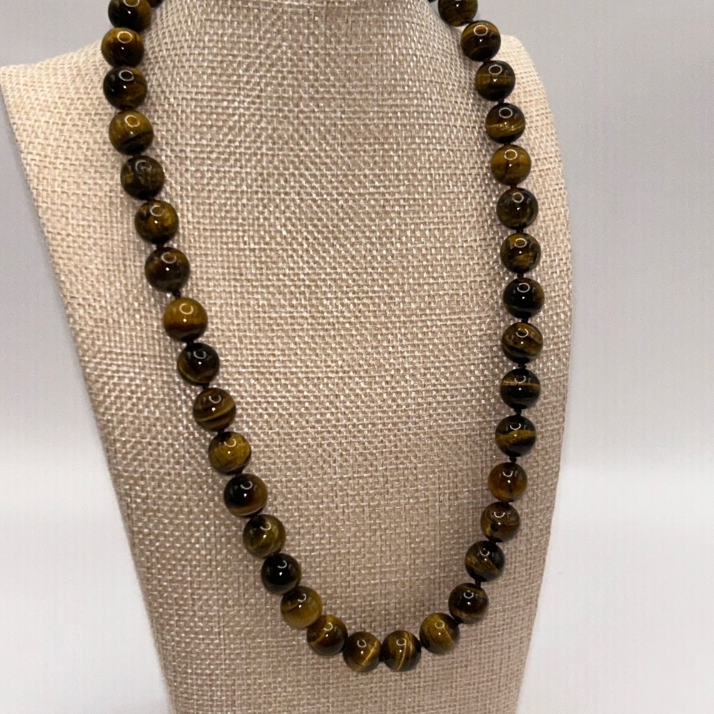 Tiger Eye Bead Necklace - Brown and Gold